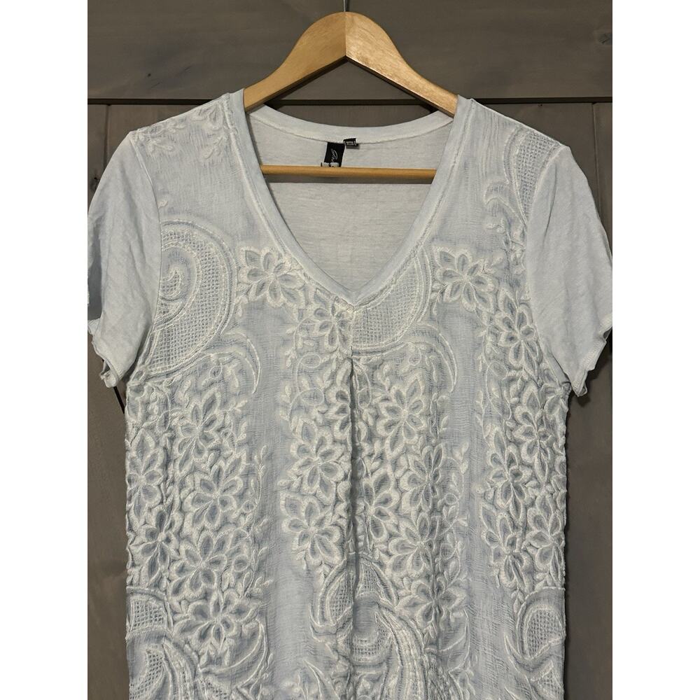 Gretty Zueger Women M Blue Short Sleeve Silk Top Cottagecore Fairy Tunic